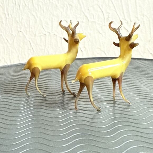 Vtg German Handblown Glass 4 Point Stag Figurine 2" Lot of 2 Amber Brown Bimini? - Picture 3 of 12